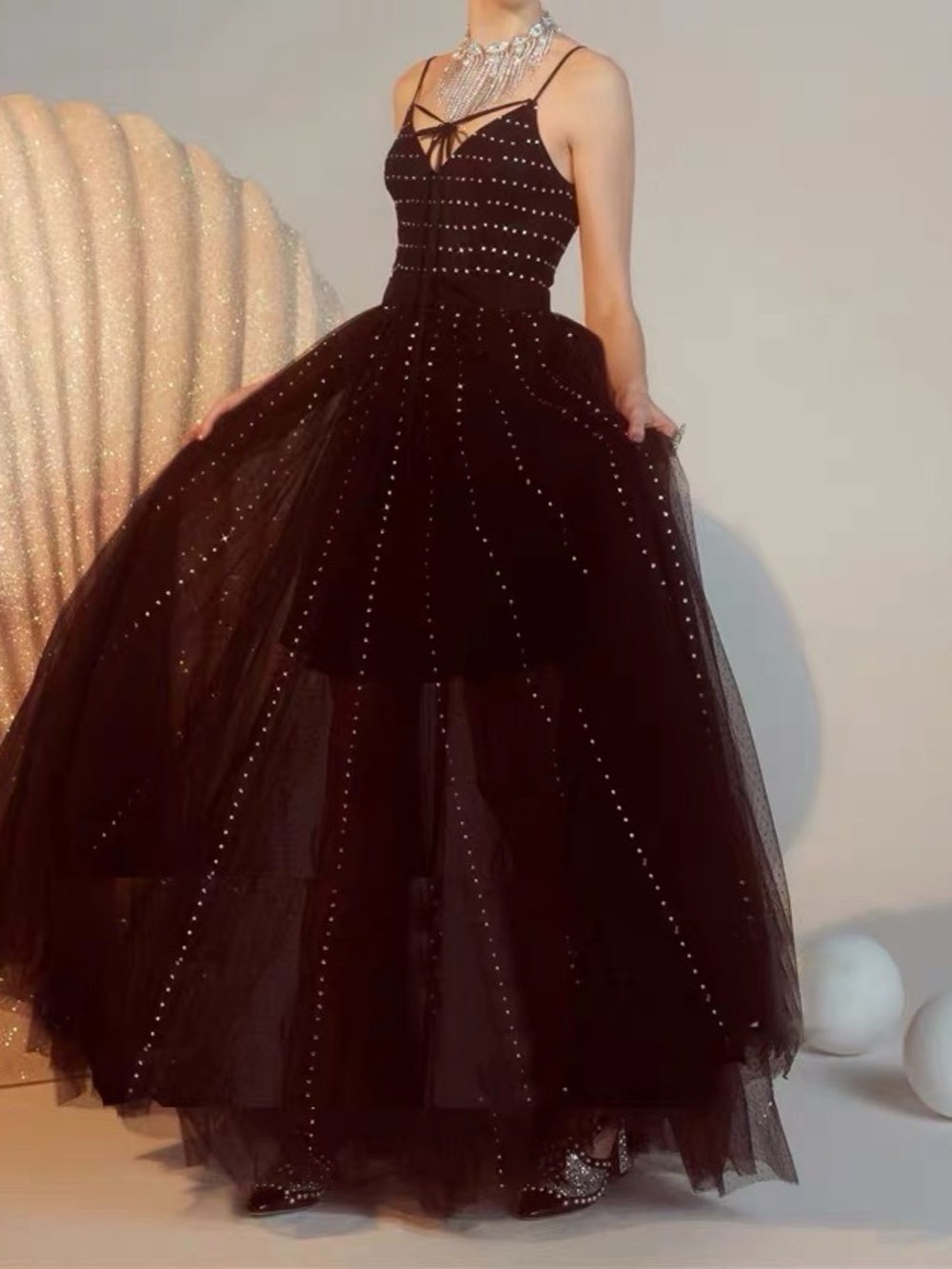 Black Rhinestone Mesh Maxi Dress | Size M | Strappy Evening Gown